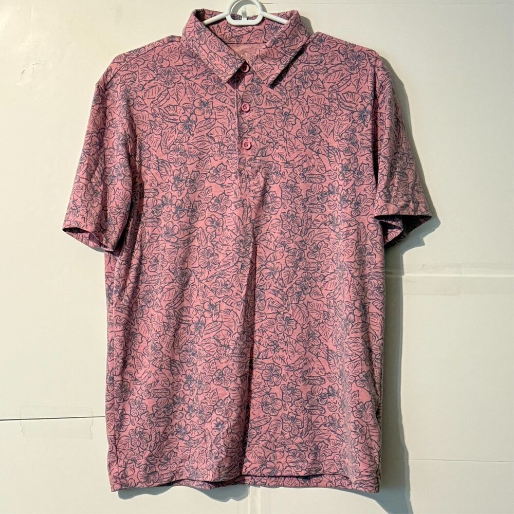 George Mens Performance Polo Shirt Size S Pink Hibiscus Floral Rayon Hawaiian